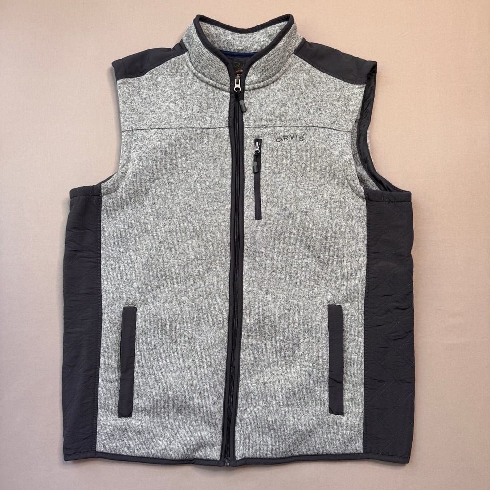 Orvis Mens Sweater Fleece Vest Gray Black Quilted Trim Full Zip XL